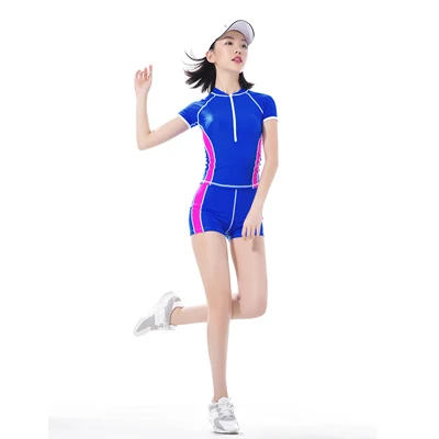 Женский дышащий танкини Rashguard с молнией, однотонный лоскутный спортивный купальник из двух предметов, Королевский синий зеленый розовато-красный - Цвет: royal blue