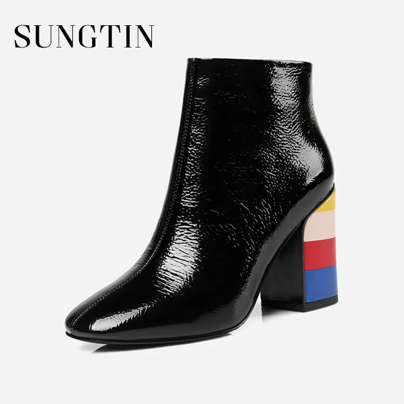 

Sungtin 2018 New Design Women Genuine Leather Ankle Boots Fashion Chic Mixed Color High Heels Lady Square Toe Zipper Short Boots