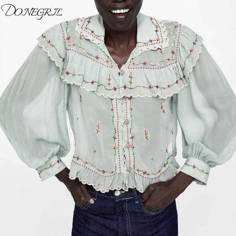 2020 spring new European and American style ruffled embroidered chiffon long-sleeved shirt |
