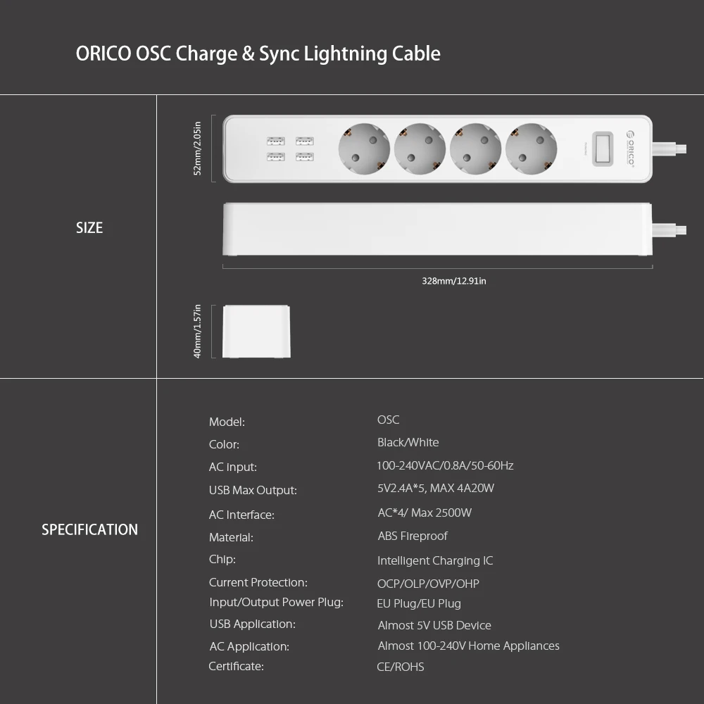 ORICO USB силовая лента для дома, офиса, ЕС, Великобритании, защита от перенапряжения, мульти-розетка, 4 штекера переменного тока, розетка с usb фильтром, сетевой фильтр