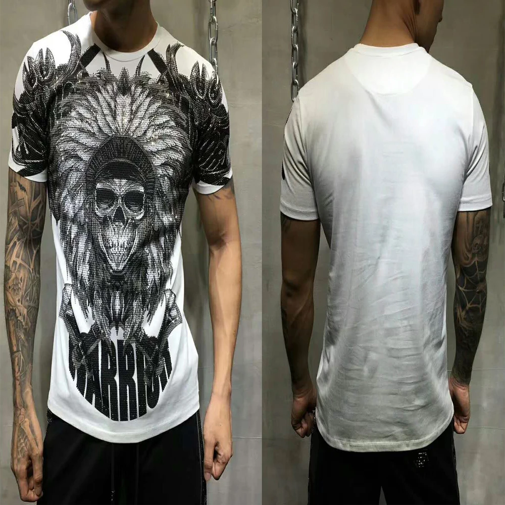 

PP Bag Packaging!Men New Brand Summer Short Sleeve T shirts Men 100% Cotton Fashion Tops Tees Village Rhinestone Skull Clothing