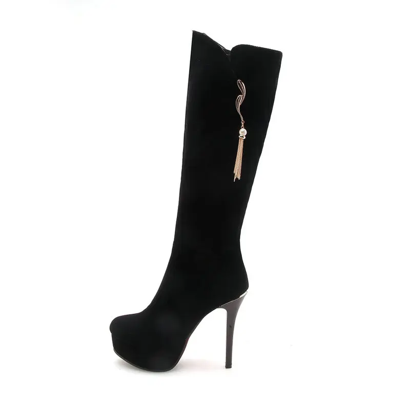 NEMAONE/новые женские сапоги на высоком каблуке; пикантные женские сапоги до колена на платформе; сезон осень-зима; обувь под вечернее платье; женская обувь; размеры 42-43 - Цвет: Черный