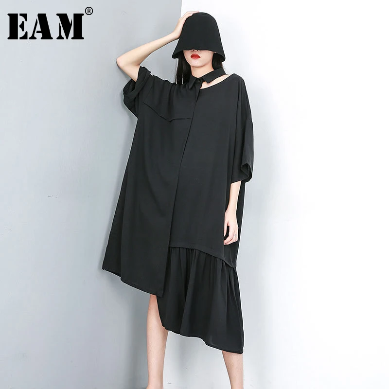 

[EAM] 2019 New Spring Summer Lapel Short Sleeve Black Hollow Out Irregular Pleated Big Size Shirt Dress Women Fashion JU650