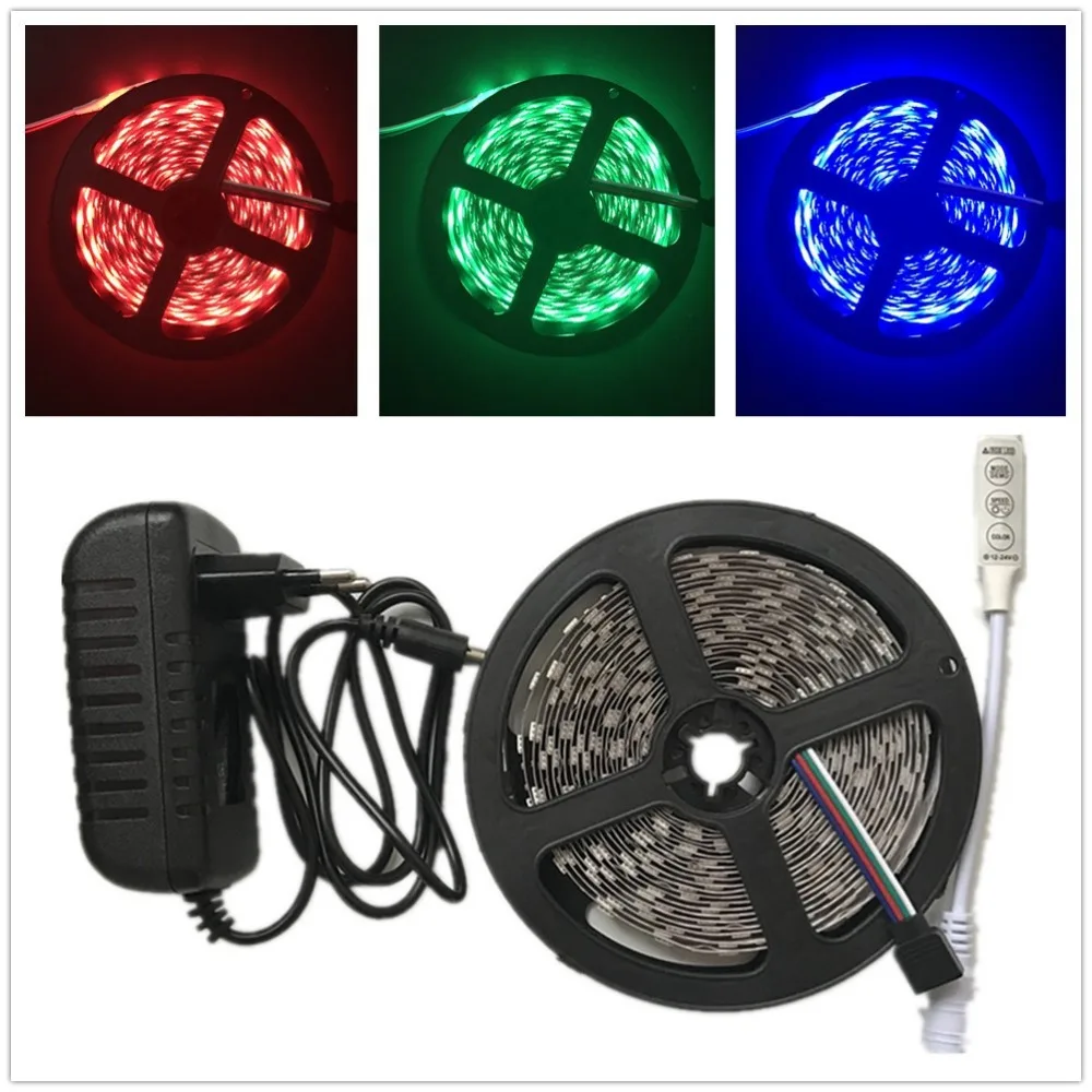 

RGB LED strip 5M 300LEDs SMD5050 tapes flexible light diode ribbon with mini 3key controller DC12V adapter Home Decoration Lamp