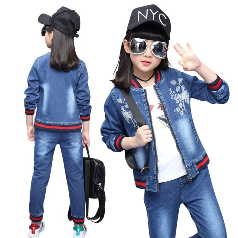 

BBZAI Toddler girls hiphop Embroidery Jeans Long sleeve Set Embroidery cowboy Children Casual Suit Kids 3ps Clothing Jeans jack
