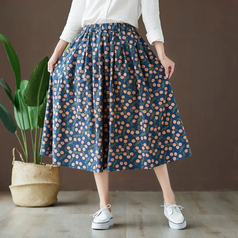 KYQIAO faldas mujer moda jupe femme mori girls autumn winter Japanese style vintage long a-line fruit print skirt - Цвет: Розовый