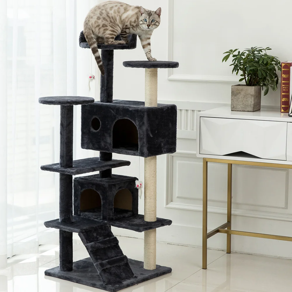 

Multi-Level Cat Tree With Sisal-Covered Scratching Post Slope Plush Perches Roomy Condo And Large Hammock Cat House Tree