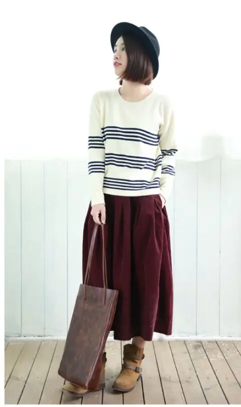 Literature Plus Size Style Corduroy Skirt Mid-length Vintage Loose A-line Type Skirt Elastic Waist Pleated Bubble Long Skirt 12