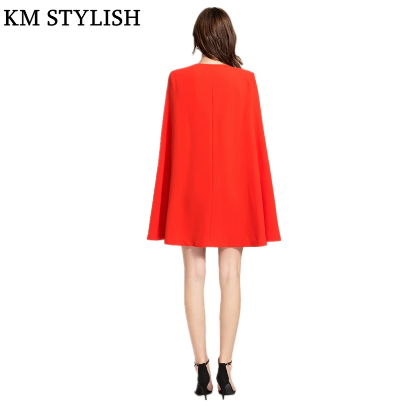2018 Autumn New Cloak Sleeves Blazer Slim V-neck Red Mini Suit Dress With Pockets Female Dresses