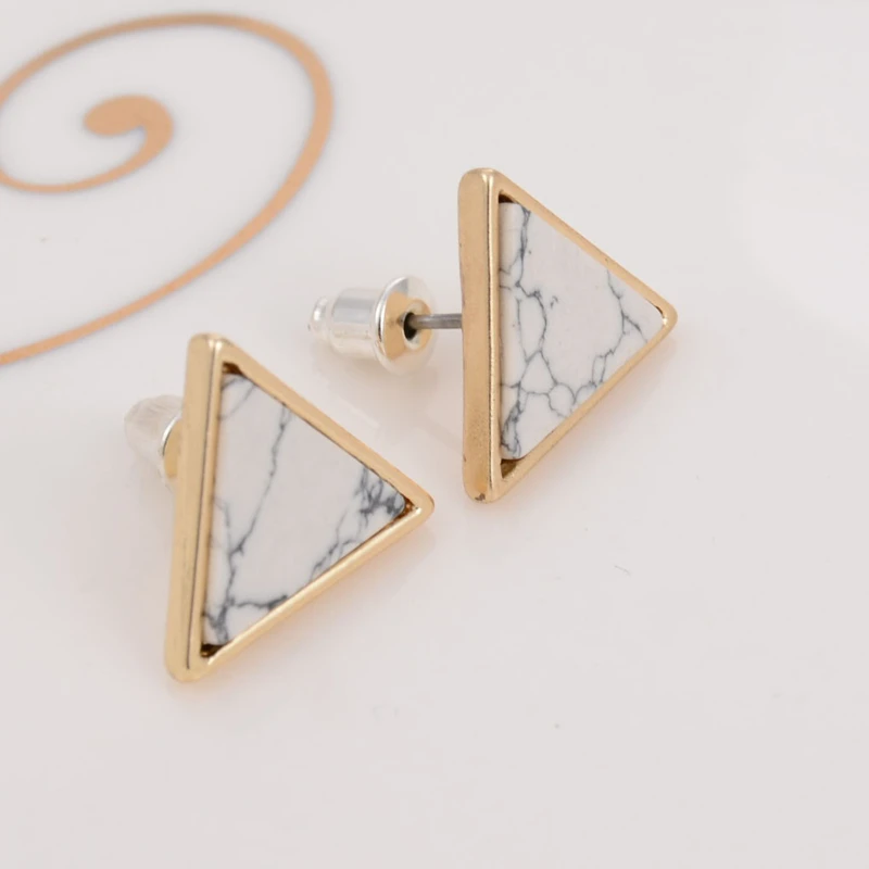 TrendyGoldFashionSquareTriangleRoundGeometricMarbledWhiteFauxStoneStudEarringsForWomen
