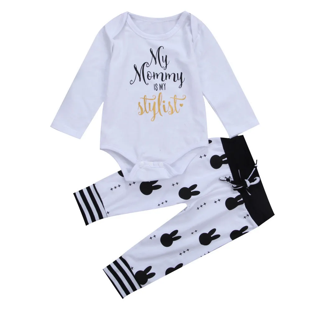 2Pcs Newborn Baby Girls Boys Letter Romper Tops+Bunny Pants Outfits Set Clothes Baby Girls Boys Warm Sweatsuit Tracksuit Heart