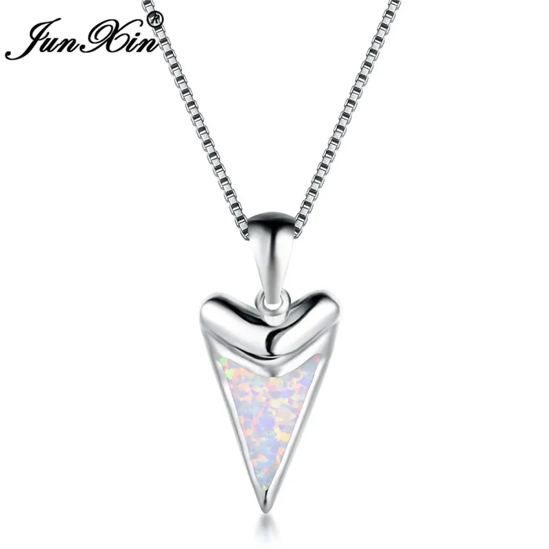 

Boho Female Triangle Pendants Necklaces 925 Sterling Silver Choker Necklace White Blue Fire Opal Necklaces For Women