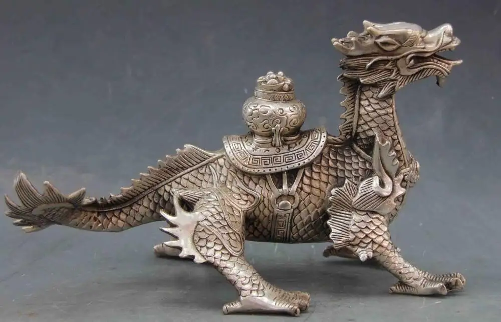 

6.5 Chinese Folk White Copper Silver Fengshui Lucky Wealth Treasure bowl Dragon