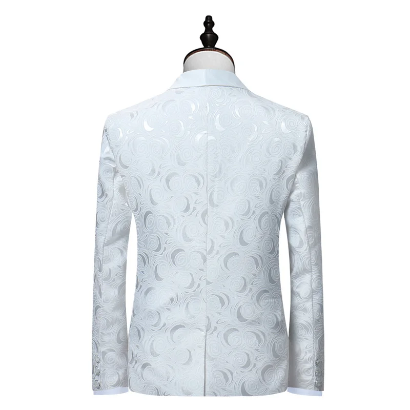 Mens White Floral One Button Suits Party Wedding Groom Tuxedos Groomsmen 2 Piece Suit (Jacket + Pants) Male Costume Mariage Homme mens suit