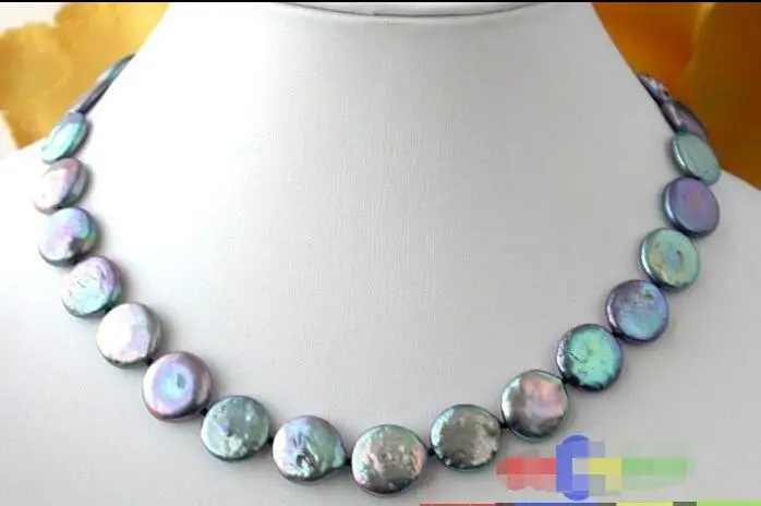 

FREE SHIPPING HOT sell new Style >>>> 18" 14MM PEACOCK BLACK COIN FRESHWATER CULTURED PEARL NECKLACE
