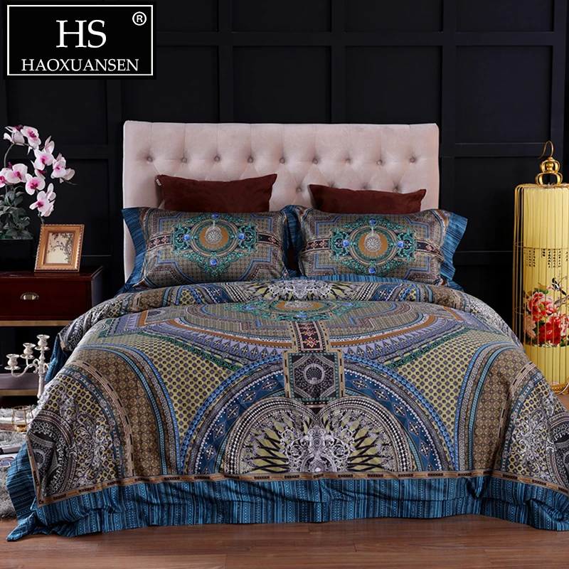 

HS Luxury Boho Style 100% Egyptian Cotton 4pcs Bedding Sets 100S Digital Printing Duvet Cover Bed Sheet Pillowcase King Queen
