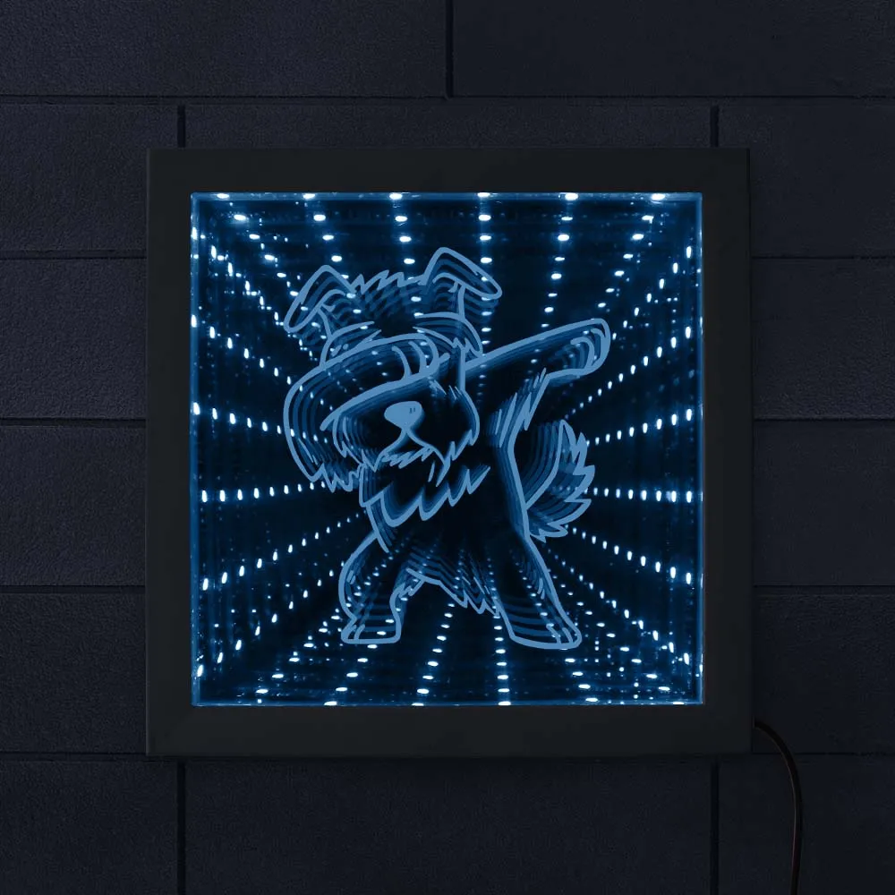 

Dabbing Schnauzer Light Up Mirror Dab Dance Miniature Schnauzer Dog LED Infinity Mirror Picture Wood Frame Infinite Reflections