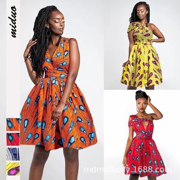 

2019 African Sexy V-collar Summer Elegant Printed Pengpang dress Night Club Sexy Backless Cross Dresses