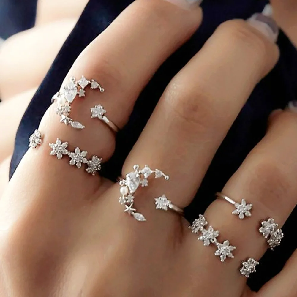 

5pcs/set Boho Silver Moon Star Crystal Zircon Opening Ring Retro Finger Rings for Women Accessories Jewelry for Party #273429