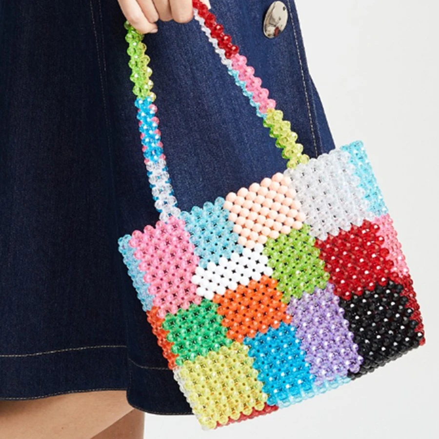 

Candy Color Handmade Woven Pearls Bags for Women Handbags Beading Bags Totes Brands Cherry Beaded Evening Party Bag Bolsa Chic