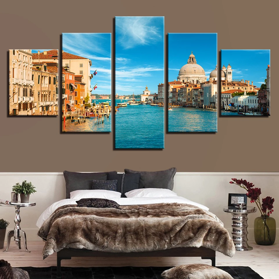 

Canvas HD Prints Pictures Living Room Wall Art 5 Pieces Venice Italy Landscape Paintings Water City Poster Home Decor Framework