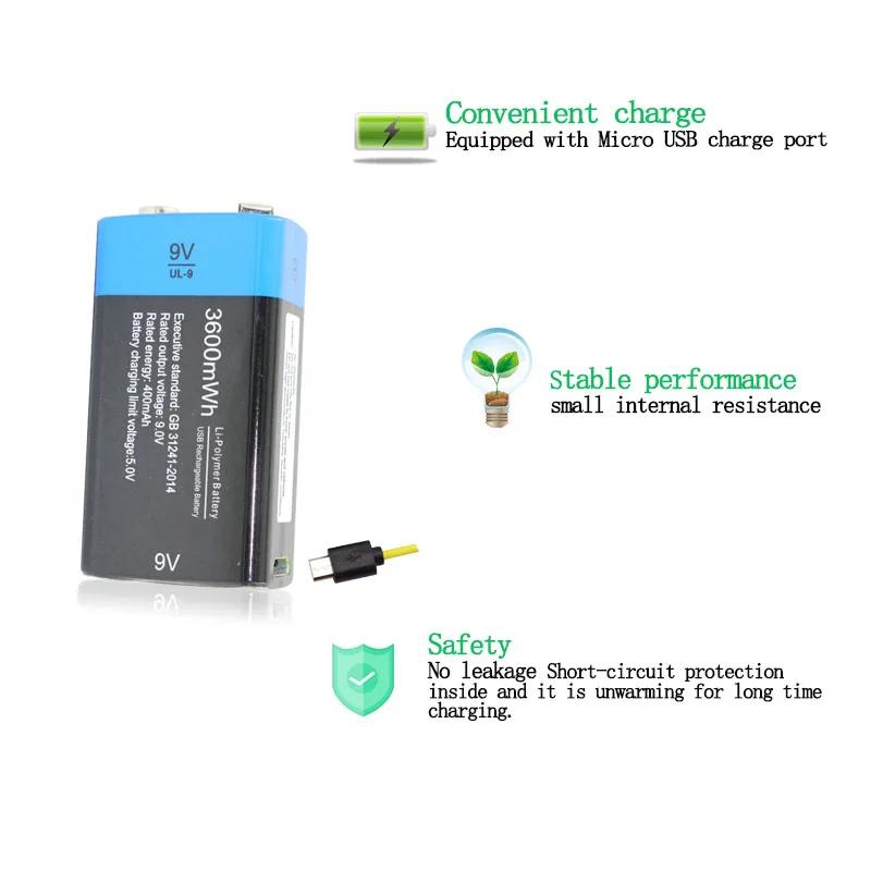 2 шт. литий полимерные ионные аккумуляторы 9 В 3600 МВтч + Кабель micro usb для