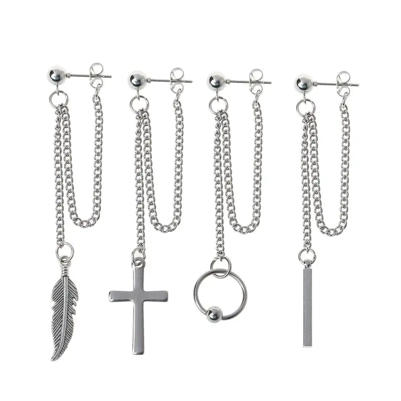 

Titanium Steel Korean Bangtang Boys Cross Leaf Pendant Double Chain Earring