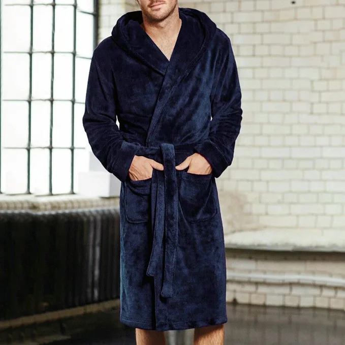 Модные Для мужчин однотонный флис халат зима теплый браслет мужской теплый банный халат пижамы Для мужчин пикантные зимняя одежда 2019