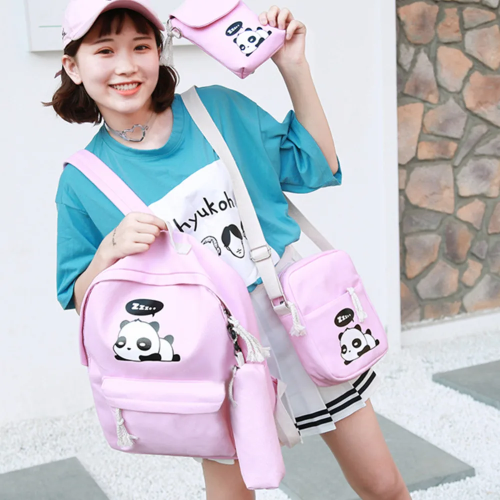 #*Cheap 2018 Canvas Backpack 4pcs Set Cute Women Girls Panda Print Student Backpacks Shoulder Schoolbags For Teenagers Book Bag