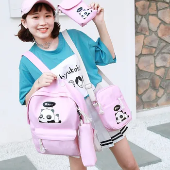 

2018 Canvas Backpack 4pcs/Set Cute Women Girls Panda Print Student Backpacks Shoulder Schoolbags For Teenagers Book Bag
