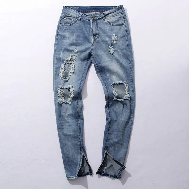 KANYE WEST Ripped Jeans Mens Fear Of God Boots Jeans men Blue Knee Hole Side Zipper