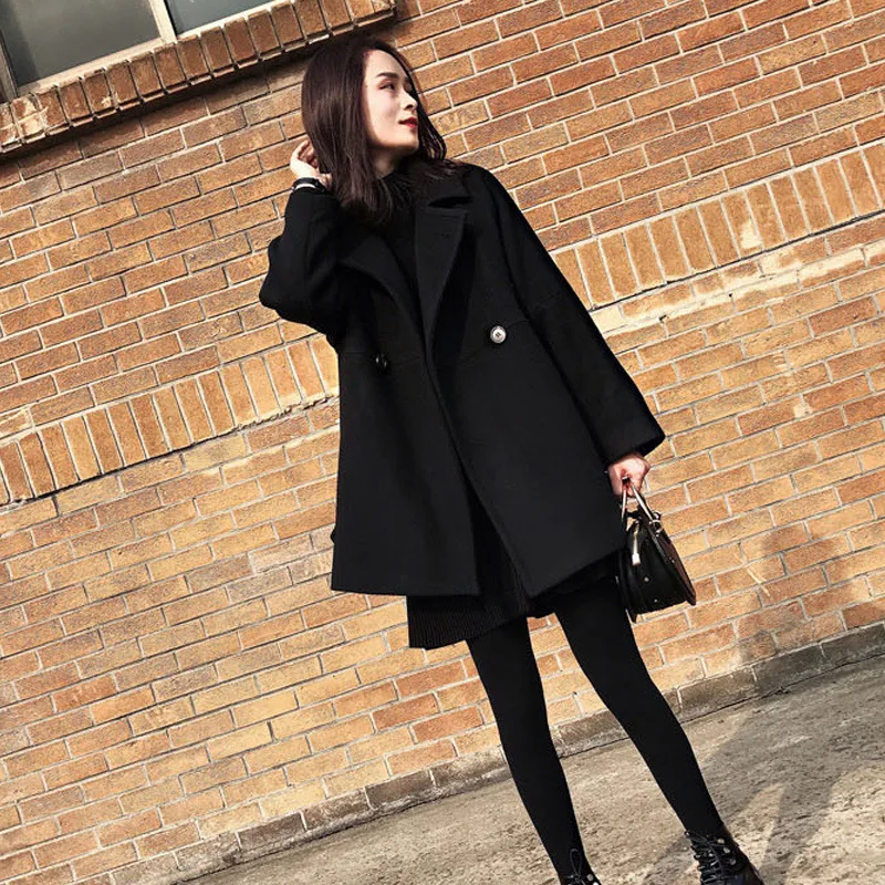 

New Autumn Winter Women Coat Plus Size Fashion Turn-Down Collar Solid Loose Woolen Blends Coat For Women Larger BLACK Outerwear
