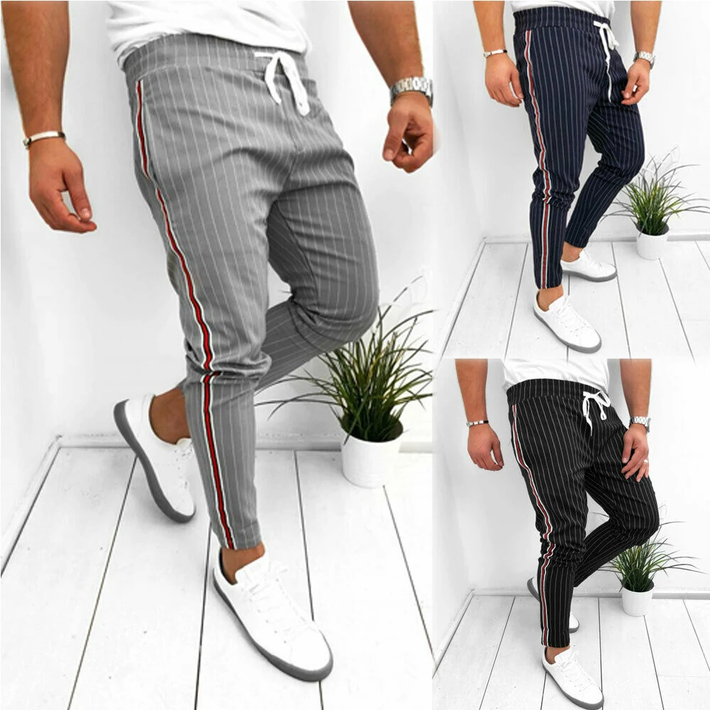 Стильный мужские полосатые повседневные узкие брюки длиной до лодыжки на шнуровке Летние Повседневные Удобные облегающие длинные брюки S-XXL