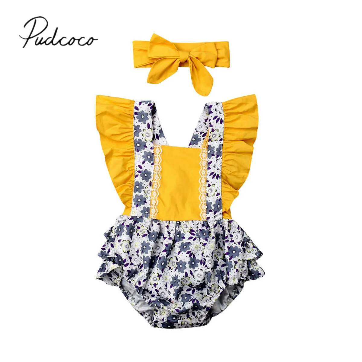 

2019 Baby Summer Clothing Newborn Baby Girl Floral Bodysuit Patchwork Jumpsuit+Headband Ruffles Short Sleeve Yellow Outfit Set