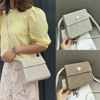 

2019 Newest Hot Women Pearl Boho Small Straw Woven Bags Beach Vintage Handmade Rattan Natural Messenger Shoulder Bag