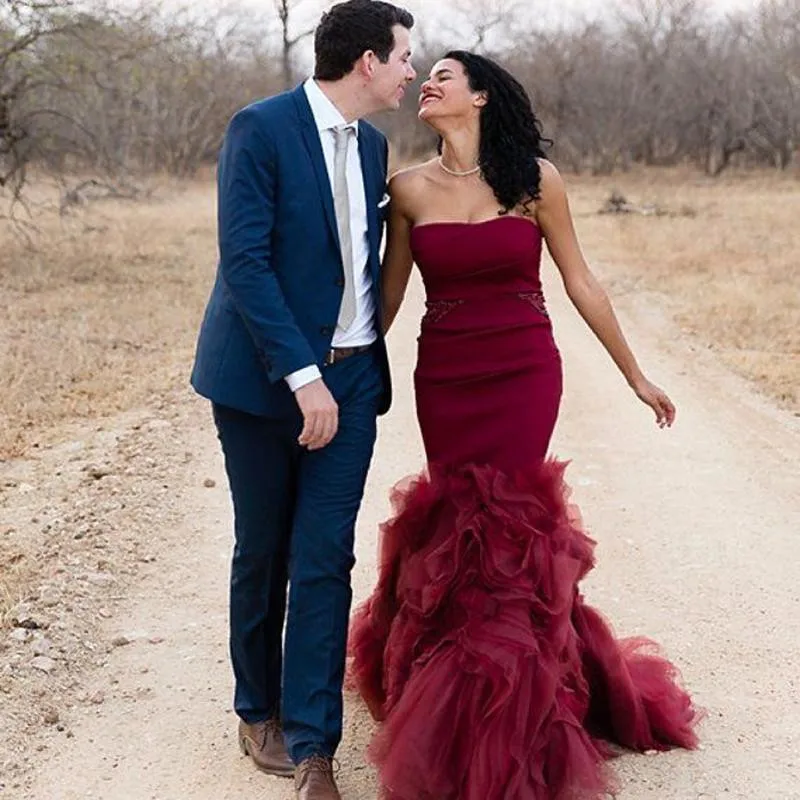 Dark Red Organza Strapless Mermaid Dress