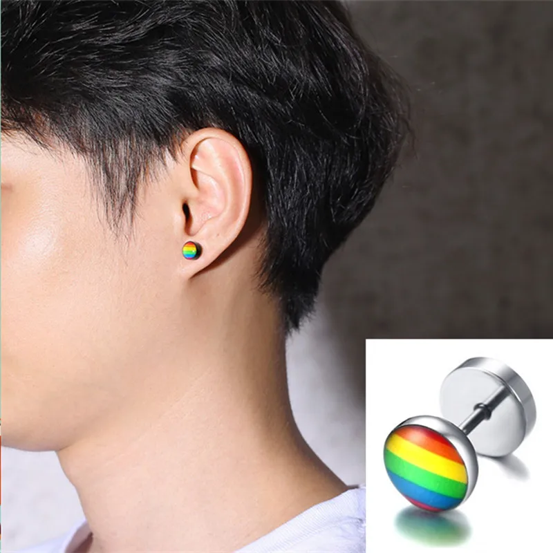 Панк ЛГБТ мужские серьги-гвоздики из нержавеющей стали Радуга, гей гантели мужские серьги Мода мужские ювелирные изделия