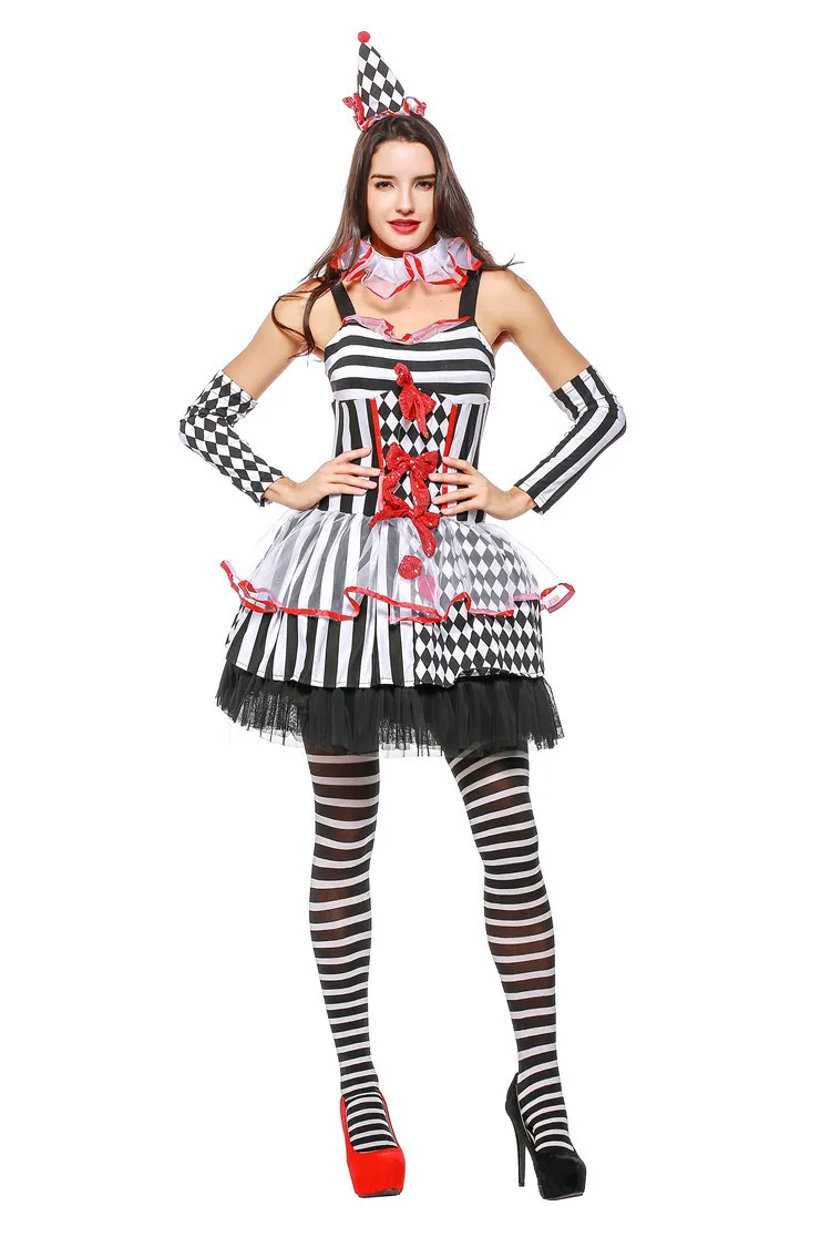 Halloween Female Sexy Clown Circus Costume Girl Naughty Harlequin Fancy Dress Stripe Dresses