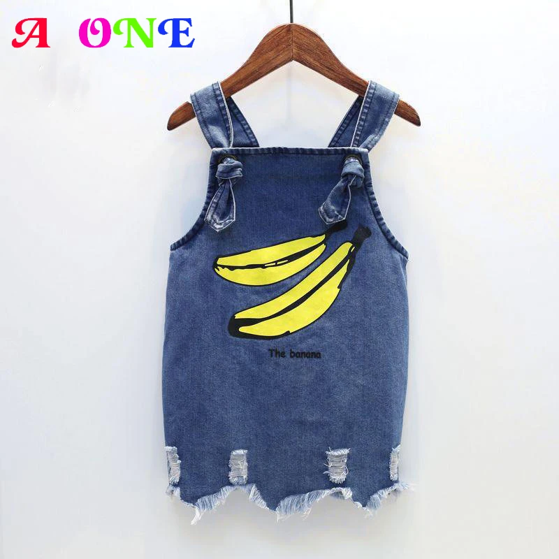 

2019 Summer girls strap Dress baby dress kids denim dress Children fashion ripped Clothes banana letter print fashion 2 to 7 yrs