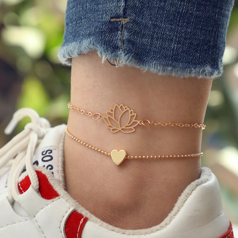 

JCYMONG 2019 New Hollow Flower Ankle Bracelet On the Leg Gold Color Heart Chain Anklets For Women Bohemian Beach Foot Jewelry
