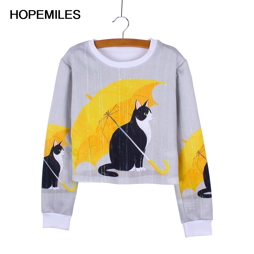 

Novelty black Cat under yellow umbrella print girls crop sweatshirts fashion women clothes Harajuku pullovers tracksuits