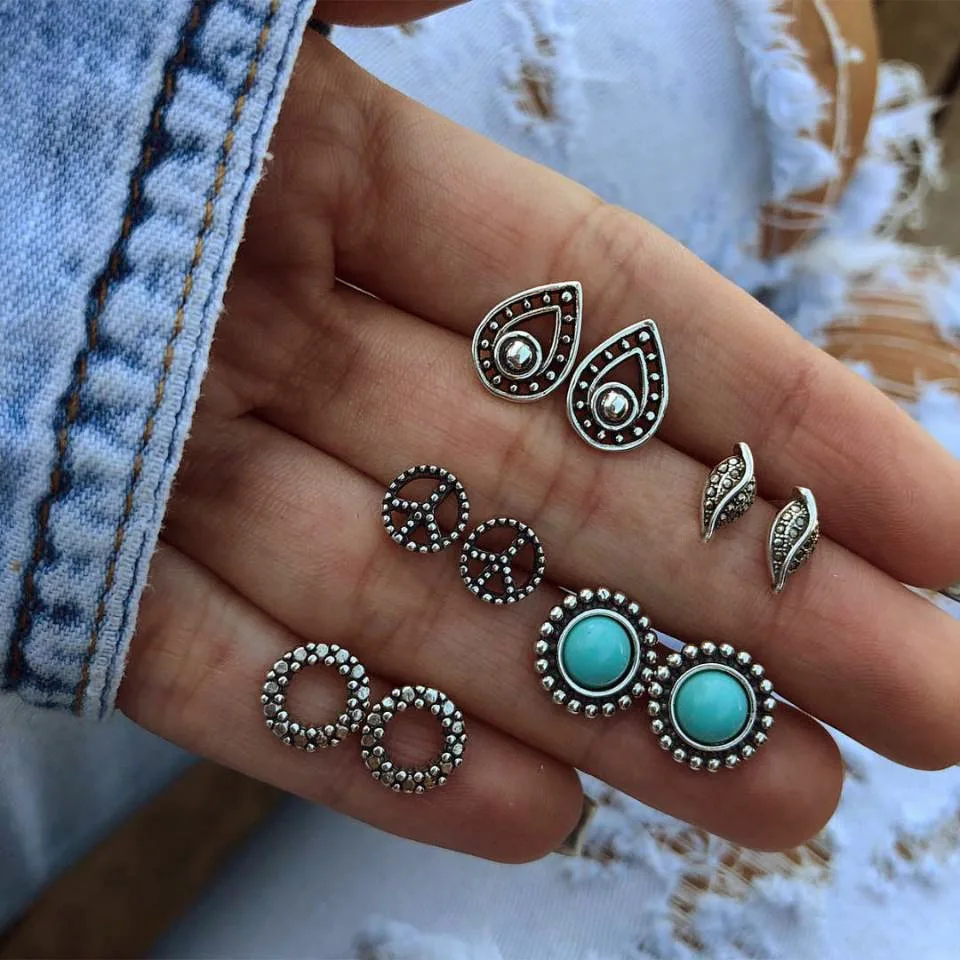 

Boho 5 Pairs/Set Geometric Small Stud Earrings Antique Silver Color Round Earring Set For Women Pending Jewelry Fine Bijoux