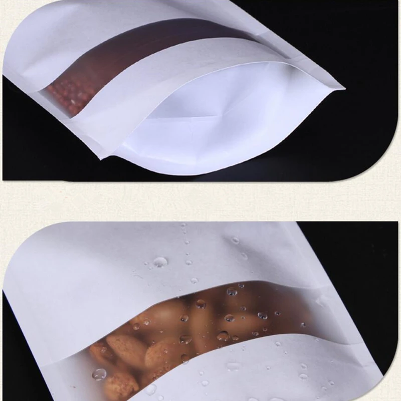 LBSISI Life 100 шт белый крафт-бумажный пакет с окном, матовый, на молнии, для еды, закусок, чая, конфет, масла, водонепроницаемый пакет, Упаковочная бумажная сумка