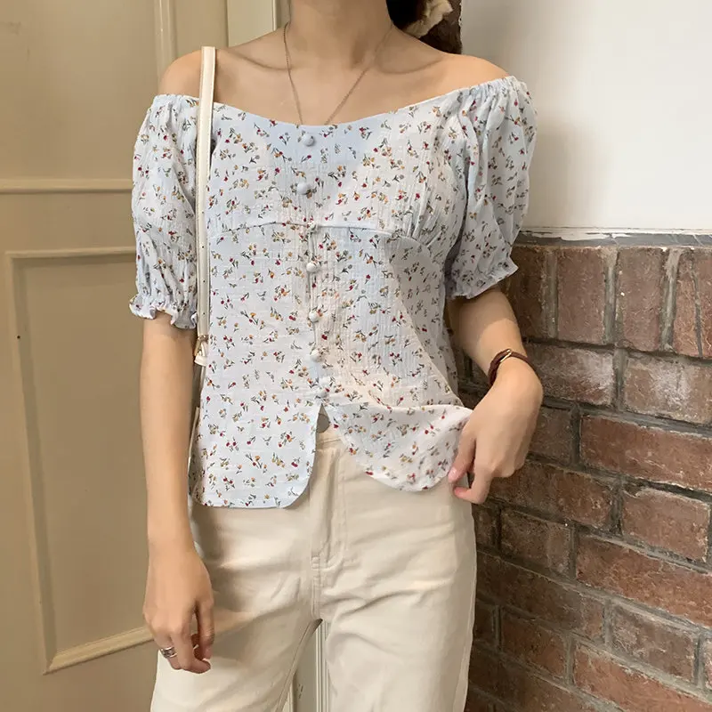 

Alien Kitty Sweet Print Floral New Style 2019 Summer Slash Neck Casual Short Sleeve Female All-Match Fashion Loose Shirt 2 Types