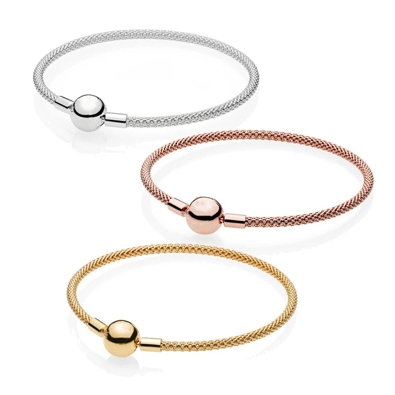 

1:1 Original Authentic 925 Sterling Silver Shine Pans Mesh Bracelet Rose Gold for Women DIY Bead Charm Bangles Jewelry Gifts