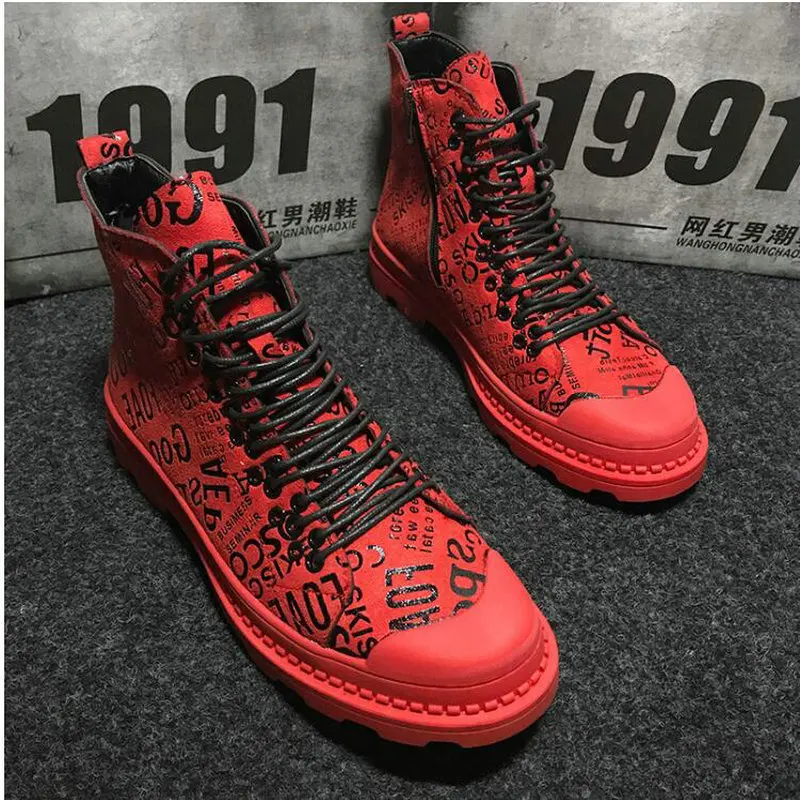

Mens army boots Casual martin boots High Top ankle Canvas Shoes Male RED Hip hop camouflage military boots Canvas Shoes MM-89