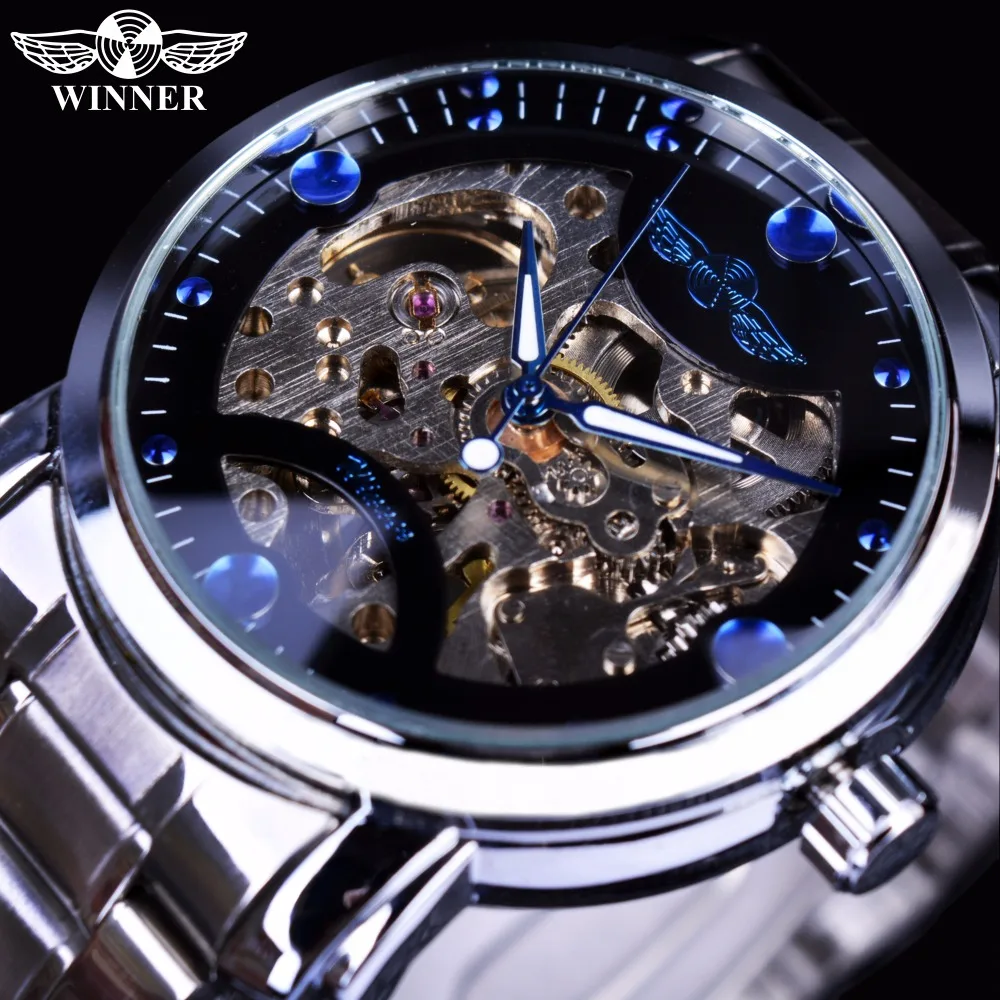 Winner Blue Ocean Fashion Casual Designer Stainless Steel Men Skeleton Watch Mens Watches Top Brand Luxury Automatic Watch Clock 2020 full grain hide leather leather automatic checkoff men waistband personality wild belt fashion designer belts high quality
