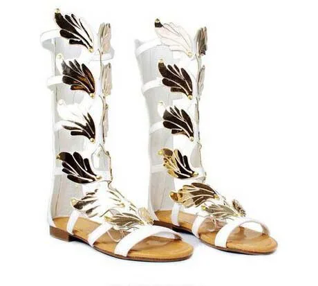 

Nesest women flat heels sandals narrow band knee-high leaf decoration cutouts ladies gladiator shoes golden black white shoes