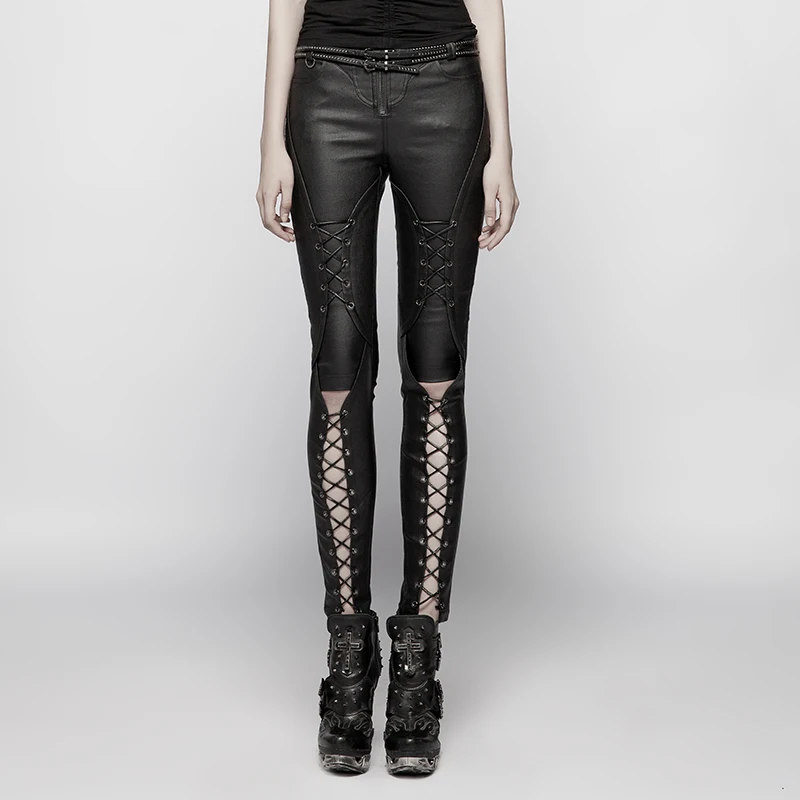 

PUNK RAVE Women Punk Pants Cool Skinny Lace-up Trousers Black Sexy Hollow Out Streetwear Personality Trouser for Women