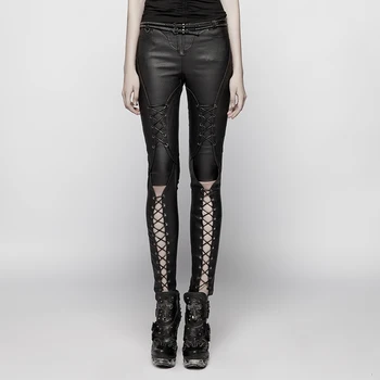

PUNK RAVE Women Punk Pants Cool Skinny Lace-up Trousers Black Sexy Hollow Out Streetwear Personality Trouser for Women